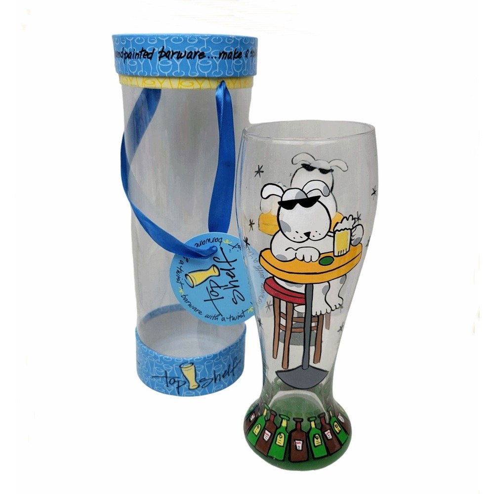 Top Shelf Tall Pilsner Beer Glass Dog Drinking Beer Hand Painted 9"  24 OZ NEW